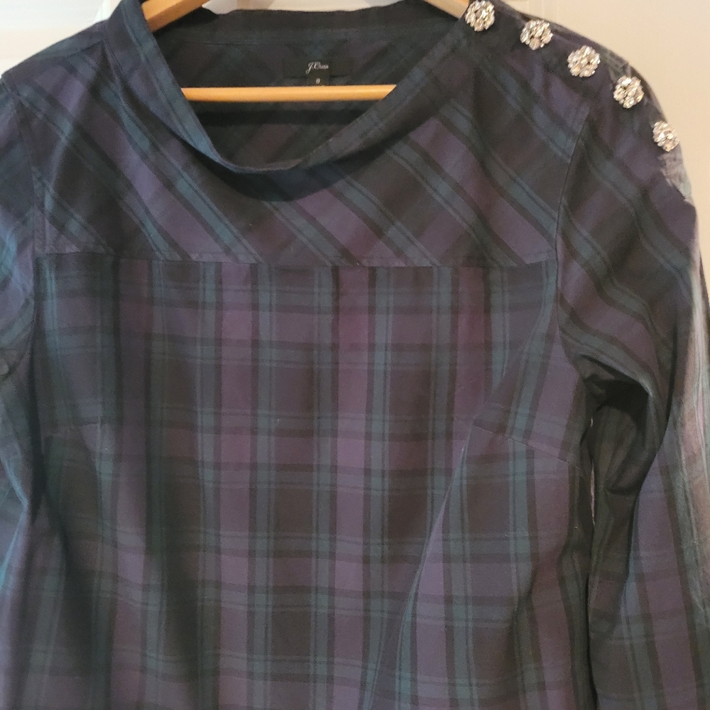 J CREW SIZE 8 BLUE STEWART TARTAN Tunic with JEWEL BUTTONS